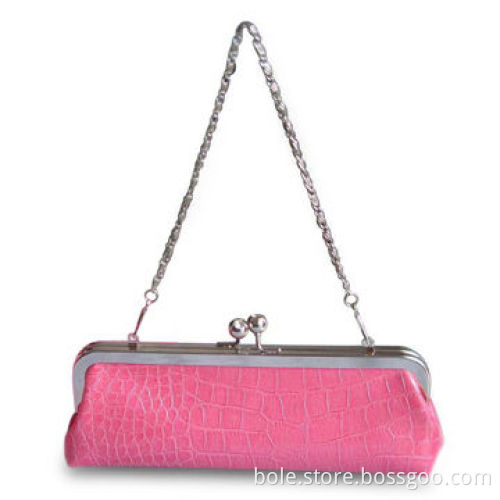 Crocodile Leather Evening Bag with Clip Lock Closure Long, Chain Handle, Available in Pink Color